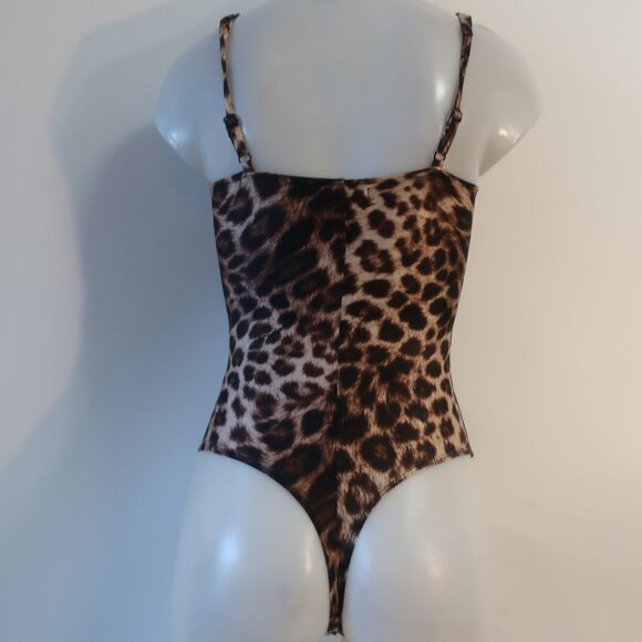 NWT Womens Good American  Fierce Leopard Print Sweetheart Satin Thong Bodysuit S - Picture 8 of 9